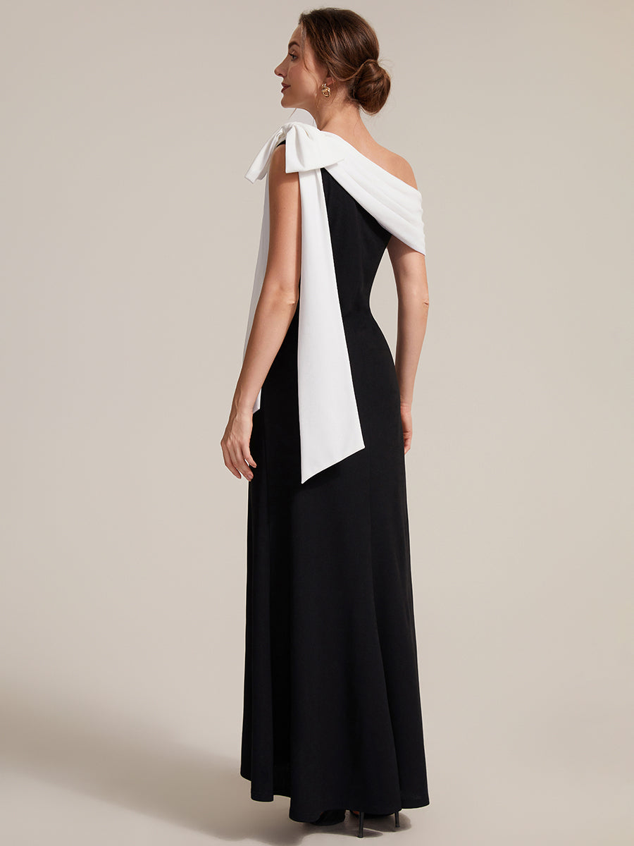 Color=Ivory-Black | B2B-Exclusive Asymmetrical Sleeveless High Stretch Sheath Floor Length Wedding Guest Dress-Ivory-Black 16