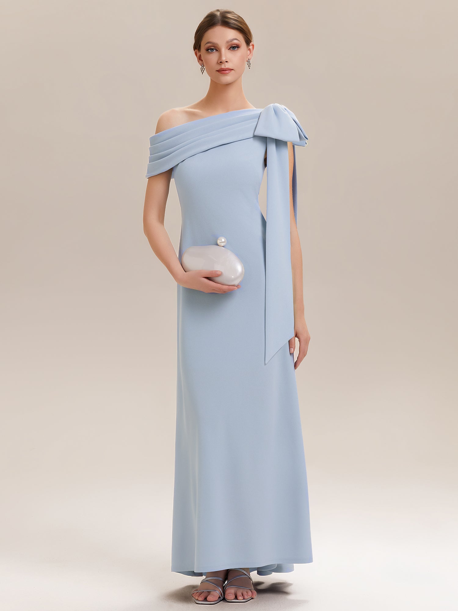 Color=Ice Blue | Bulk Order Strapless Asymmetrical Bowknot Sheath High Stretch Wedding Guest Dresses-Ice Blue 1