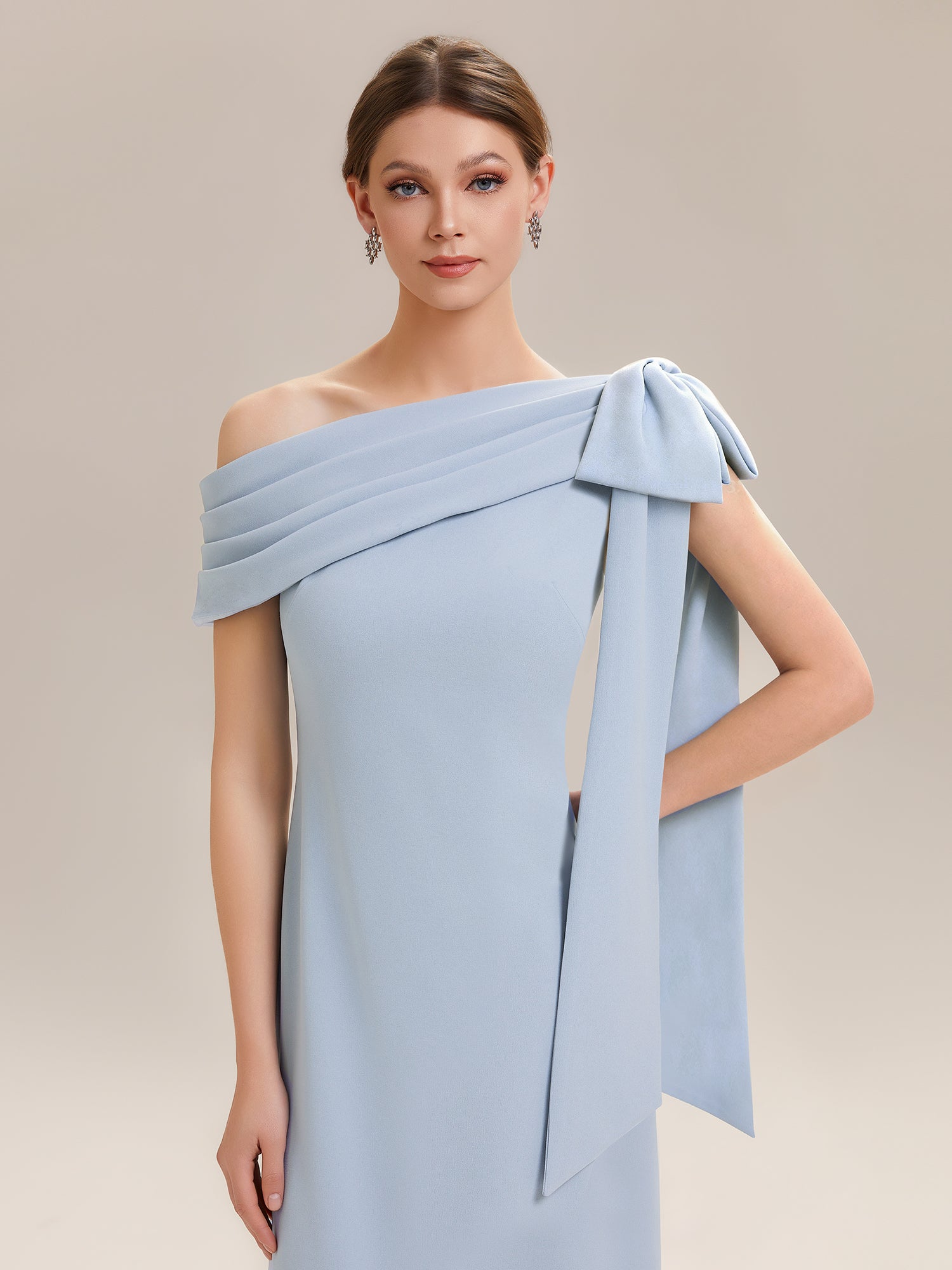 Color=Ice Blue | Bulk Order Strapless Asymmetrical Bowknot Sheath High Stretch Wedding Guest Dresses-Ice Blue 3