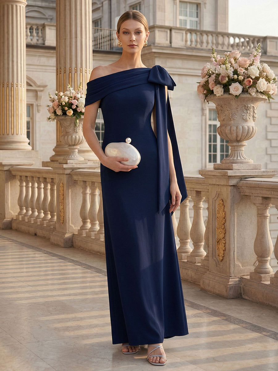 Color=Navy Blue | B2B-Exclusive Asymmetrical Sleeveless High Stretch Sheath Floor Length Wedding Guest Dress-Navy Blue 7