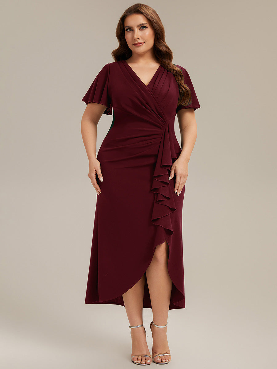 Color=Burgundy | Volume Discounts Short Sleeve Ruffle Deep V-Neck Bodycon Maxi Wedding Guest Dresses-Burgundy 6