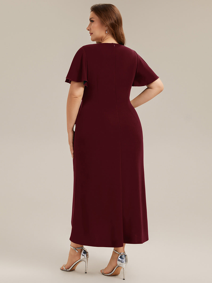 Color=Burgundy | Volume Discounts Short Sleeve Ruffle Deep V-Neck Bodycon Maxi Wedding Guest Dresses-Burgundy 7