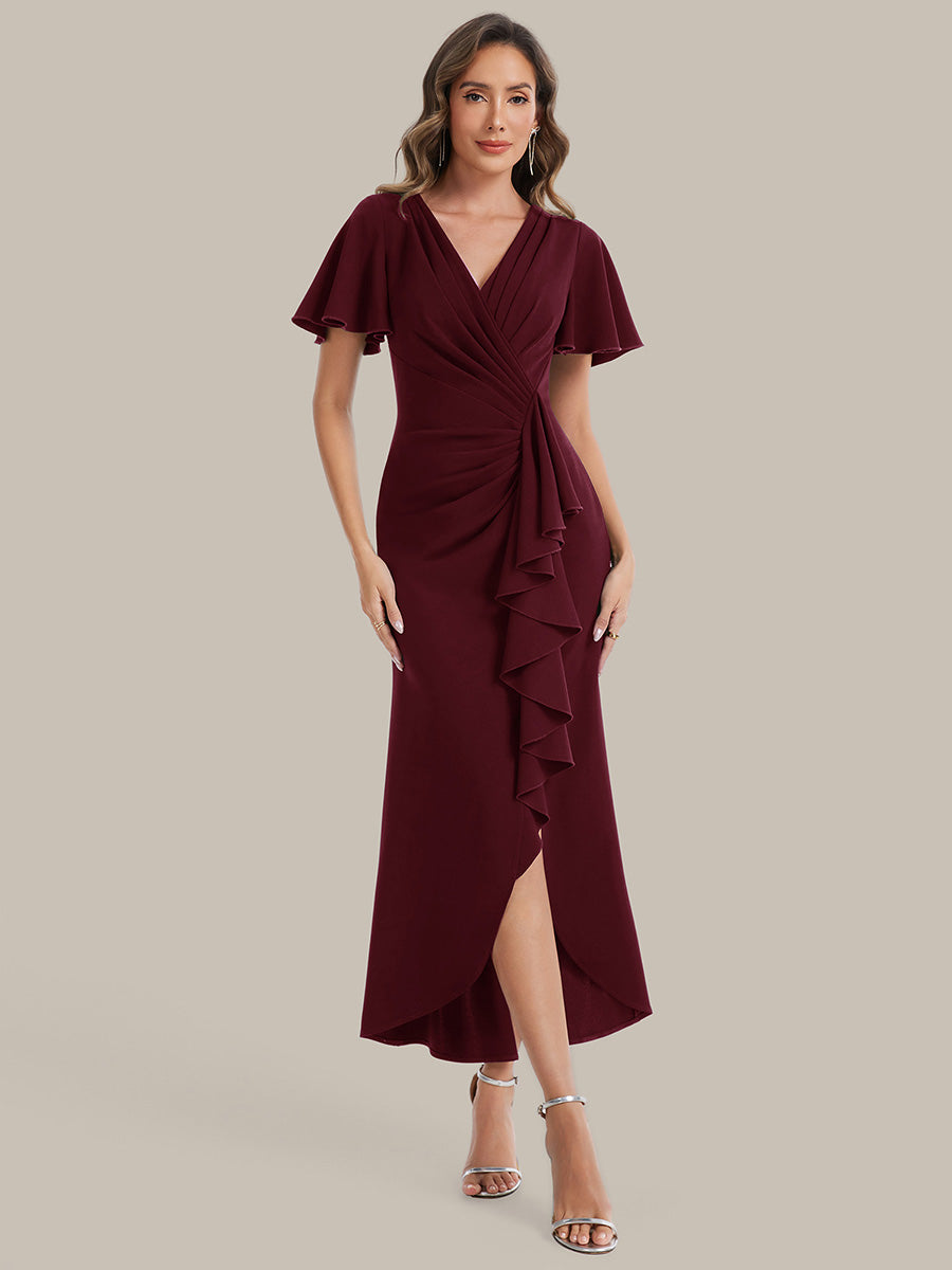 wedding guest dresses burgundy Maxi Dress with Ruffle Short Sleeves & Deep V-Neck This elegant velvet dress SOLID: BL000 Color:chiffon color Express Black Velvet Wrap-Front