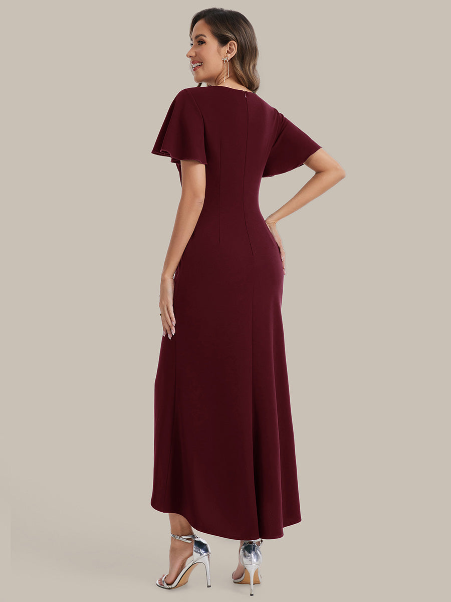 Color=Burgundy | Volume Discounts Short Sleeve Ruffle Deep V-Neck Bodycon Maxi Wedding Guest Dresses-Burgundy 2