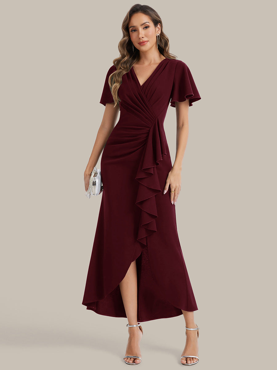 Color=Burgundy | Volume Discounts Short Sleeve Ruffle Deep V-Neck Bodycon Maxi Wedding Guest Dresses-Burgundy 4