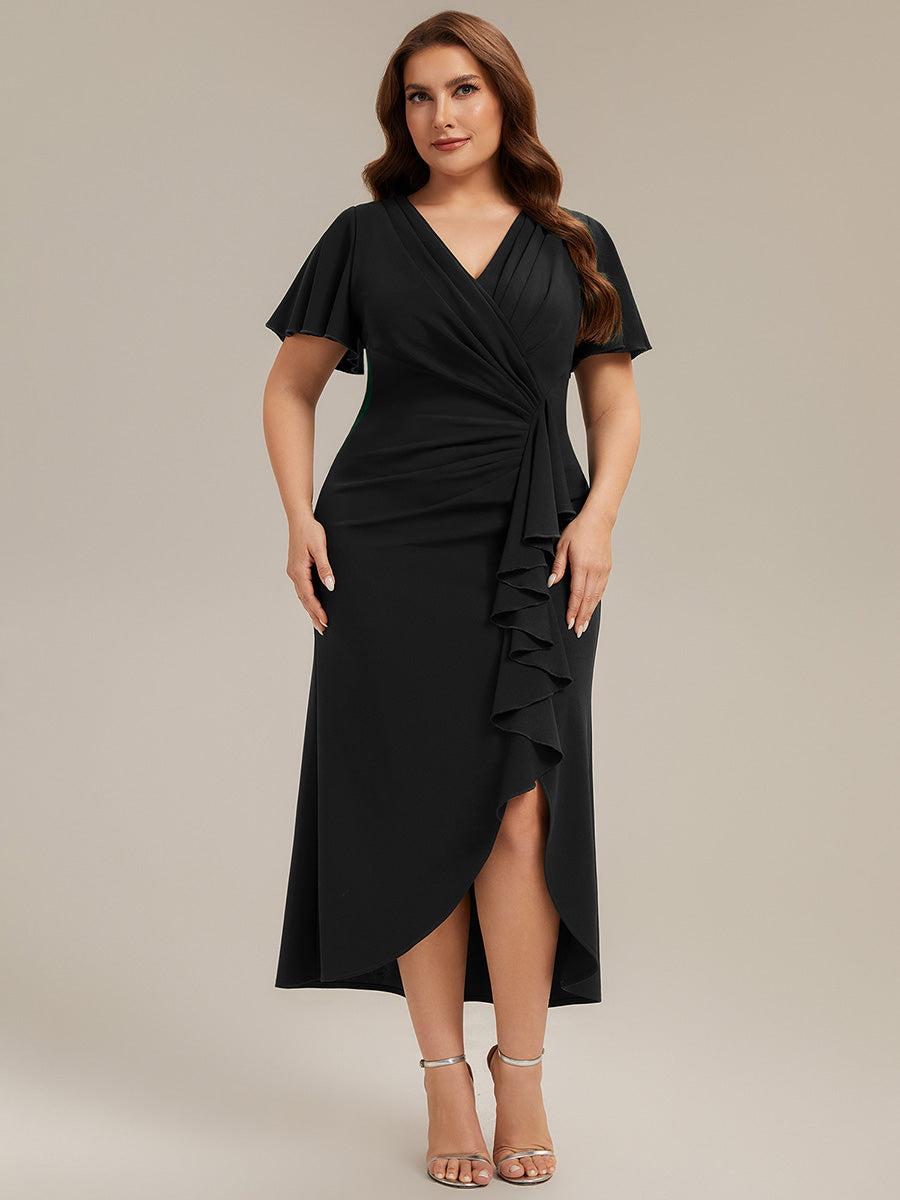 Color=Black | Fast Delivery Short Sleeve Ruffle Deep V-Neck Bodycon High-Low Wedding Guest Dresses-Black 6