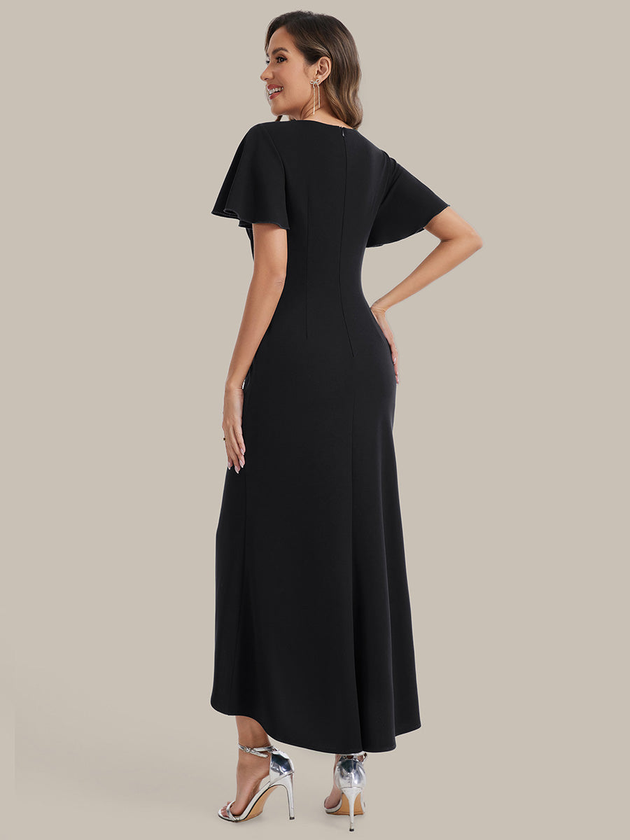 Color=Black | Fast Delivery Short Sleeve Ruffle Deep V-Neck Bodycon High-Low Wedding Guest Dresses-Black 2