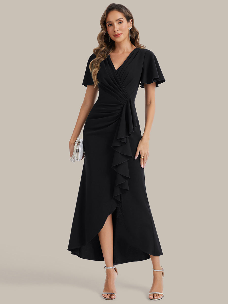 Color=Black | Fast Delivery Short Sleeve Ruffle Deep V-Neck Bodycon High-Low Wedding Guest Dresses-Black 4