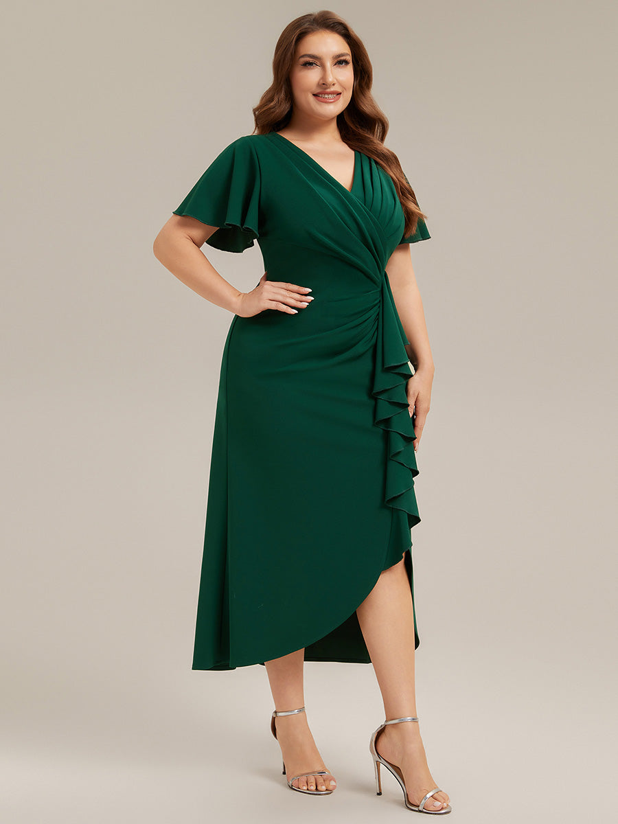 Color=Dark Green | Volume Discounts Short Sleeve Ruffle Deep V-Neck Bodycon Maxi Wedding Guest Dresses-Dark Green 19