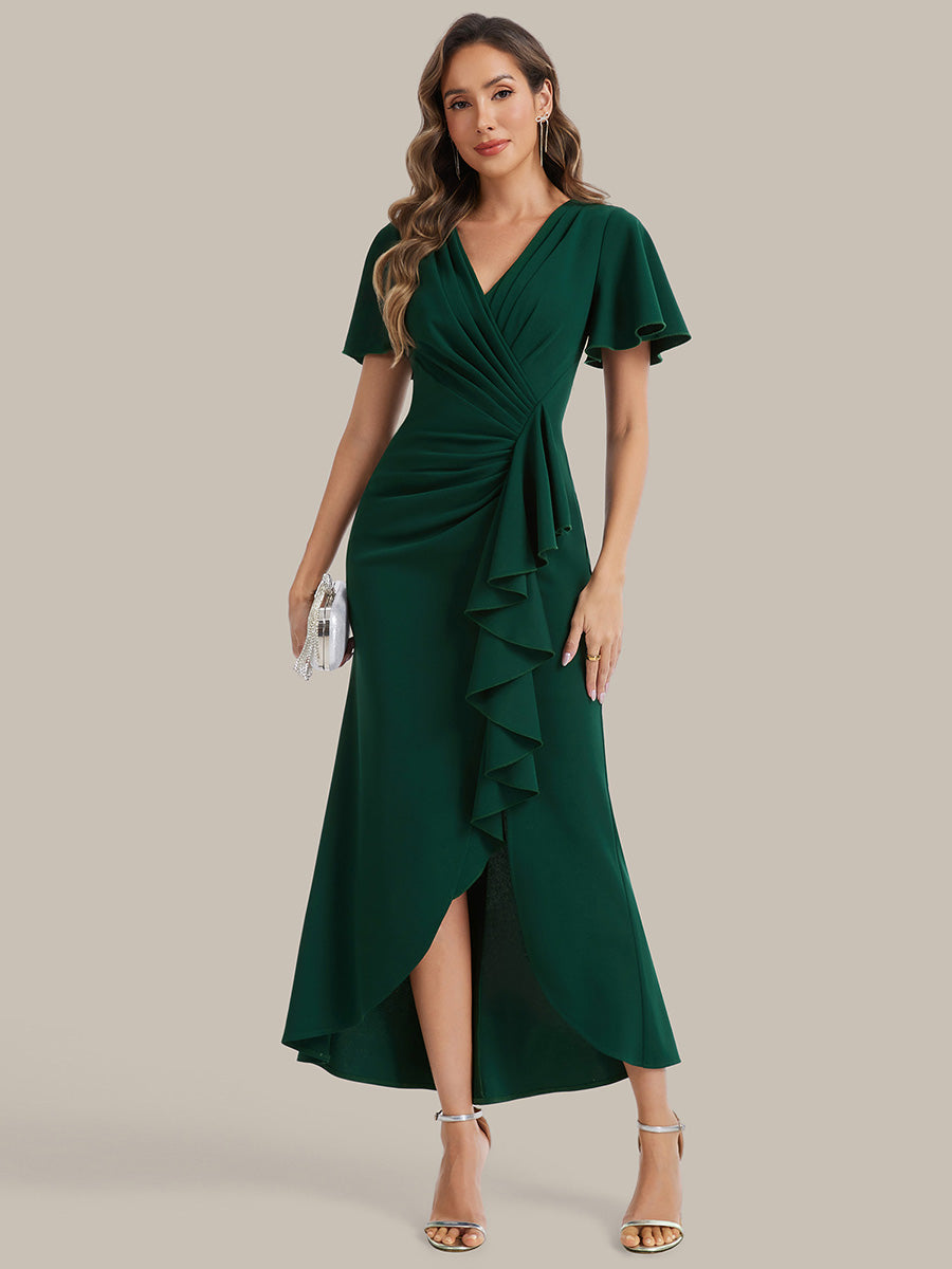 Color=Dark Green | Volume Discounts Short Sleeve Ruffle Deep V-Neck Bodycon Maxi Wedding Guest Dresses-Dark Green 14