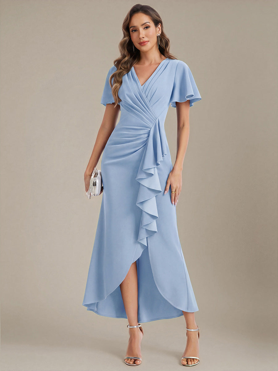 Color=Ice Blue | Volume Discounts Short Sleeve Ruffle Deep V-Neck Bodycon Maxi Wedding Guest Dresses-Ice Blue 3