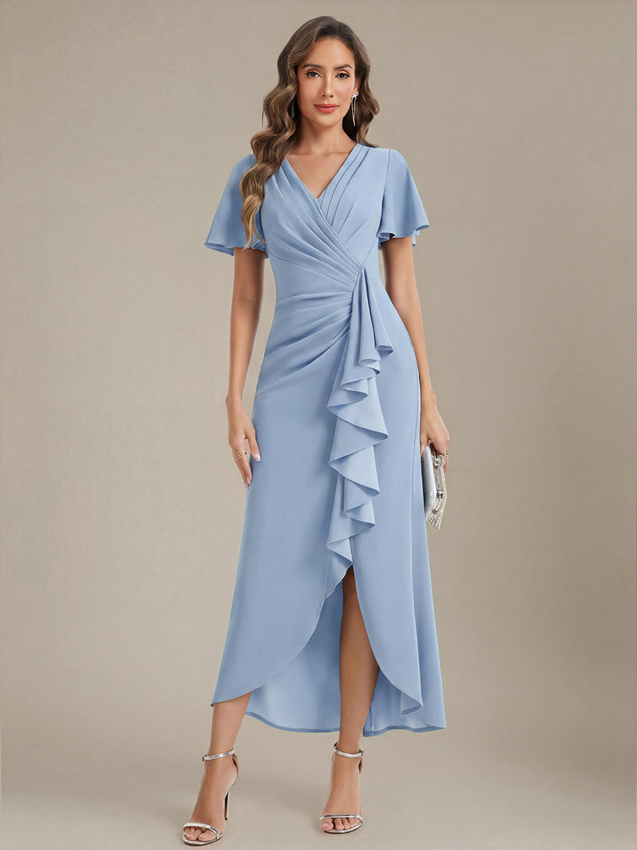 Color=Ice Blue | Volume Discounts Short Sleeve Ruffle Deep V-Neck Bodycon Maxi Wedding Guest Dresses-Ice Blue 4