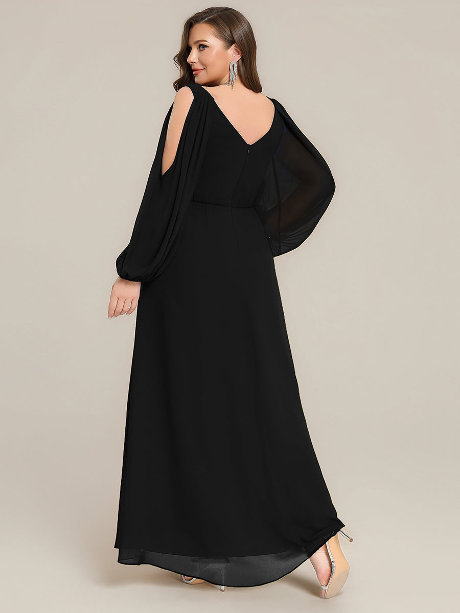Color=Black | Volume Discounts Long Sleeve Lantern Sleeve A-Line Floor Length V-Neck Wedding Guest Dresses-Black 7