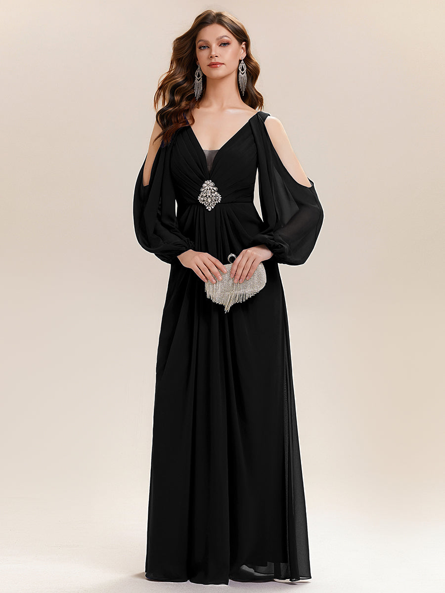 Color=Black | Volume Discounts Long Sleeve Lantern Sleeve A-Line Floor Length V-Neck Wedding Guest Dresses-Black 5