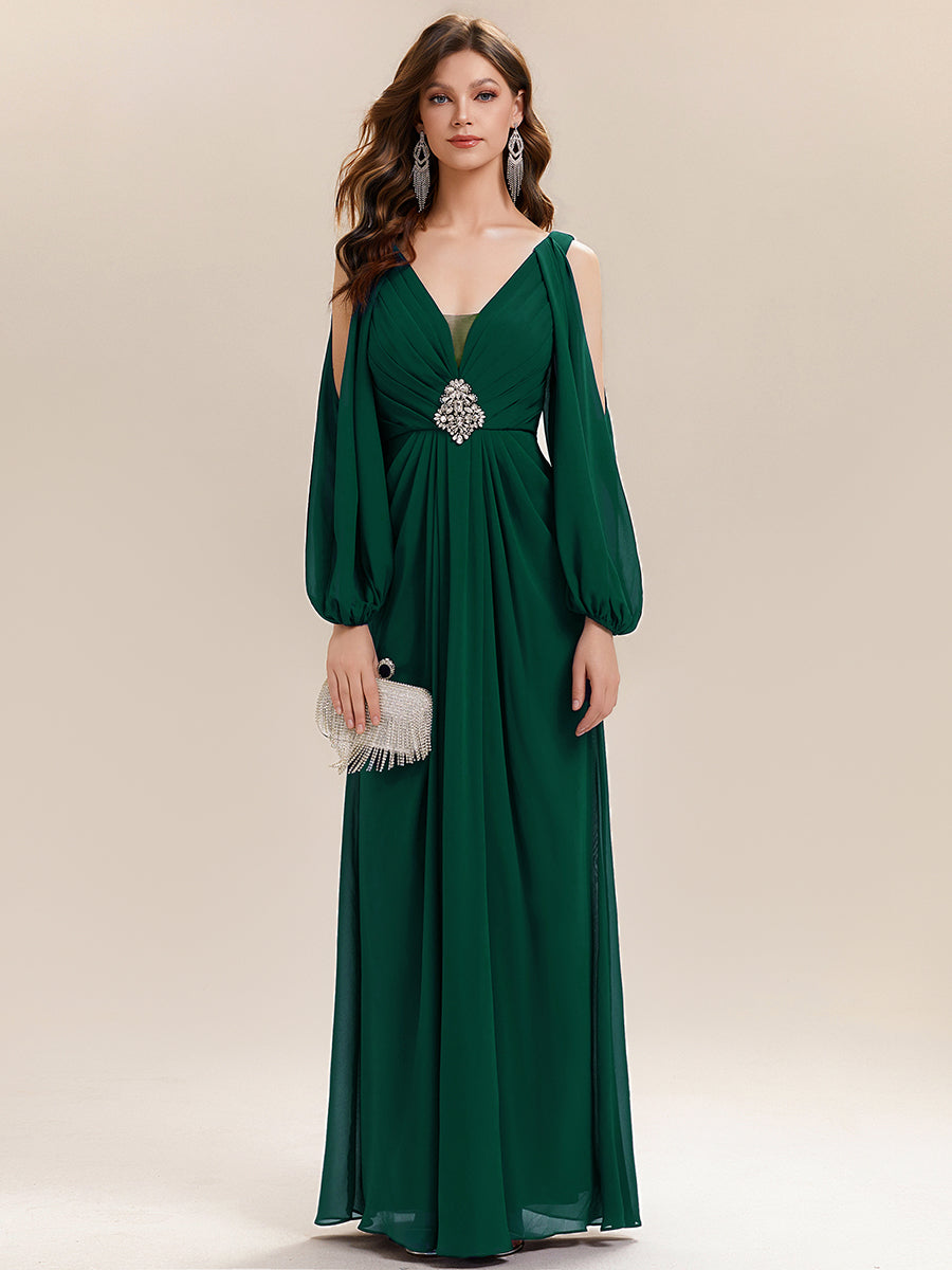 Color=Dark Green | Volume Discounts Long Sleeve Lantern Sleeve A-Line Floor Length V-Neck Wedding Guest Dresses-Dark Green 11