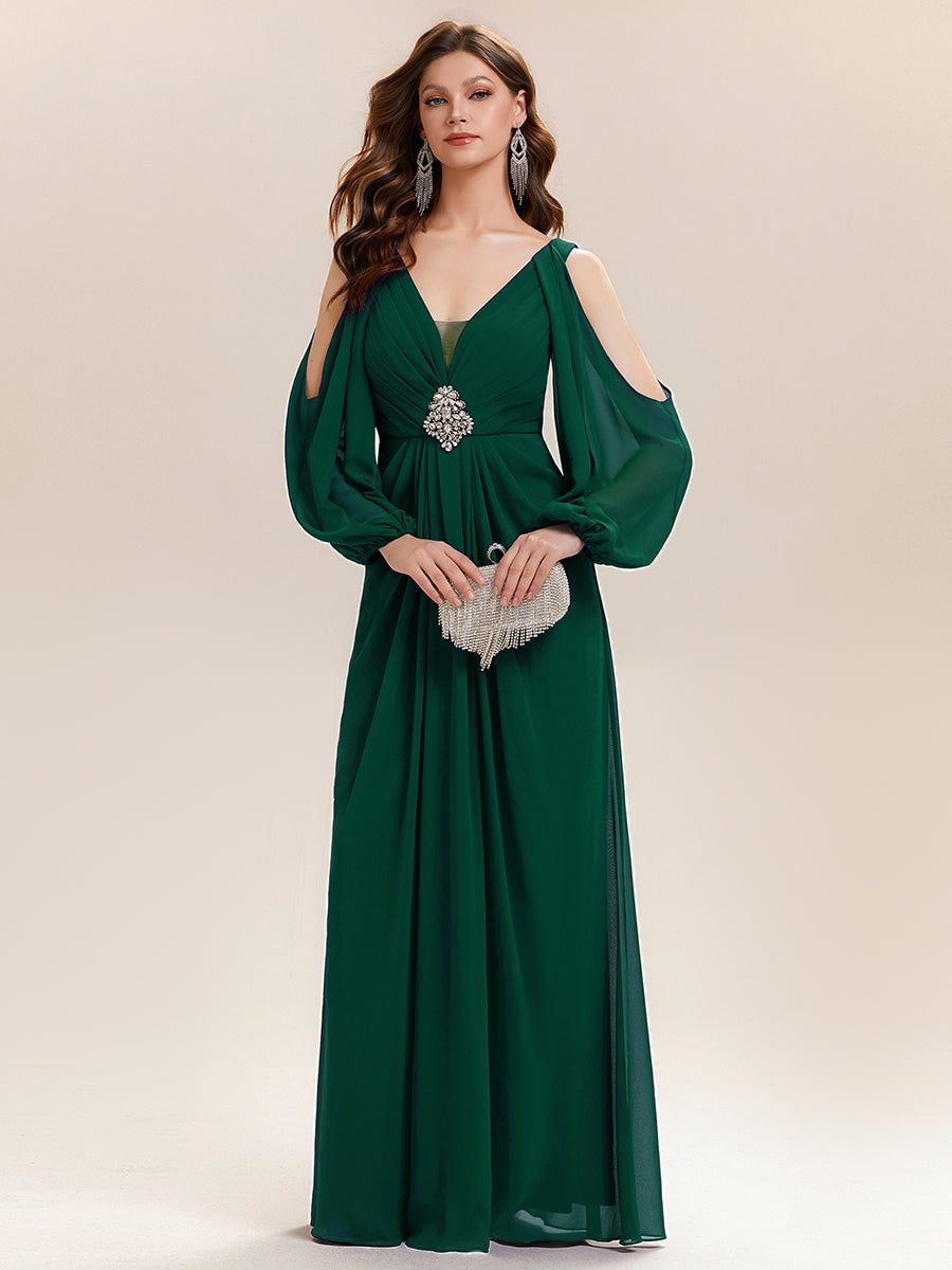 Color=Dark Green | Volume Discounts Long Sleeve Lantern Sleeve A-Line Floor Length V-Neck Wedding Guest Dresses-Dark Green 15