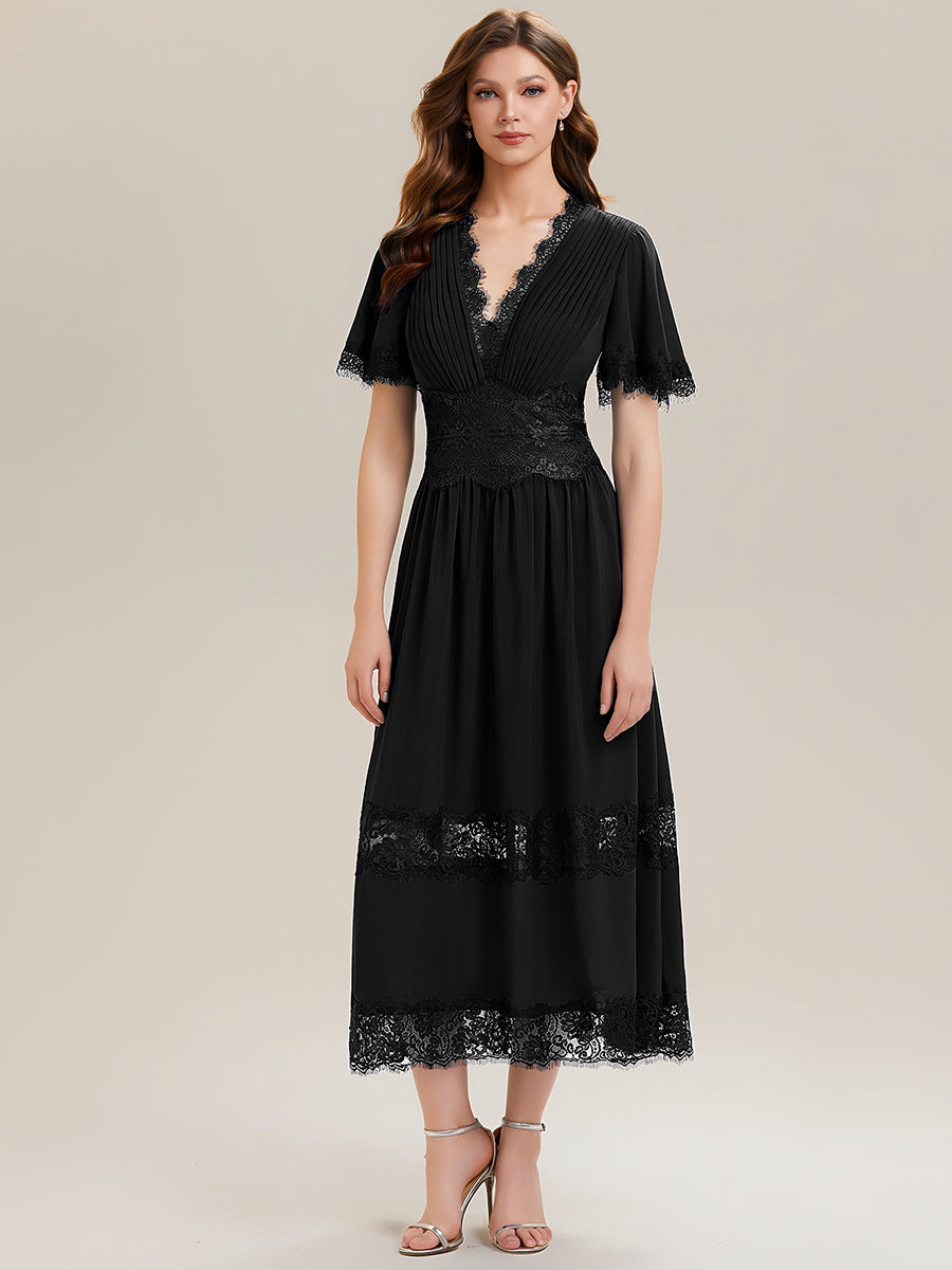 Color=Black | Bulk Order Short Sleeve Ruffle Pleated Deep V-Neck A-Line Midi Wedding Guest Dresses-Black 1