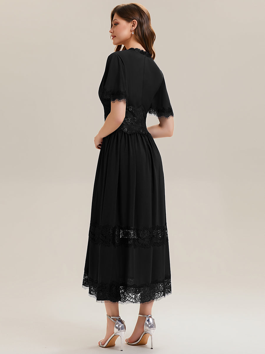 Color=Black | Bulk Order Short Sleeve Ruffle Pleated Deep V-Neck A-Line Midi Wedding Guest Dresses-Black 3