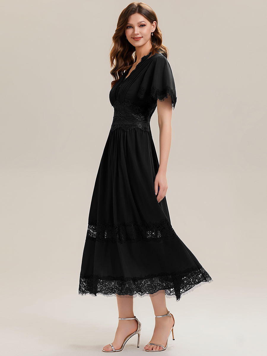 Color=Black | Bulk Order Short Sleeve Ruffle Pleated Deep V-Neck A-Line Midi Wedding Guest Dresses-Black 4