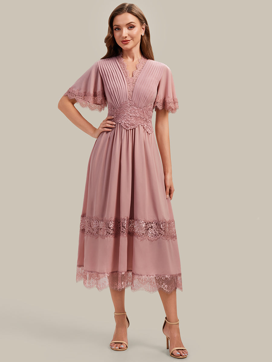 Color=Dusty Rose | Bulk Order Short Sleeve Ruffle Pleated Deep V-Neck A-Line Midi Wedding Guest Dresses-Dusty Rose 1