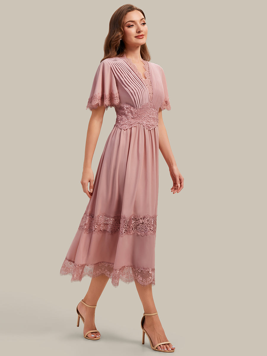 Color=Dusty Rose | Bulk Order Short Sleeve Ruffle Pleated Deep V-Neck A-Line Midi Wedding Guest Dresses-Dusty Rose 4