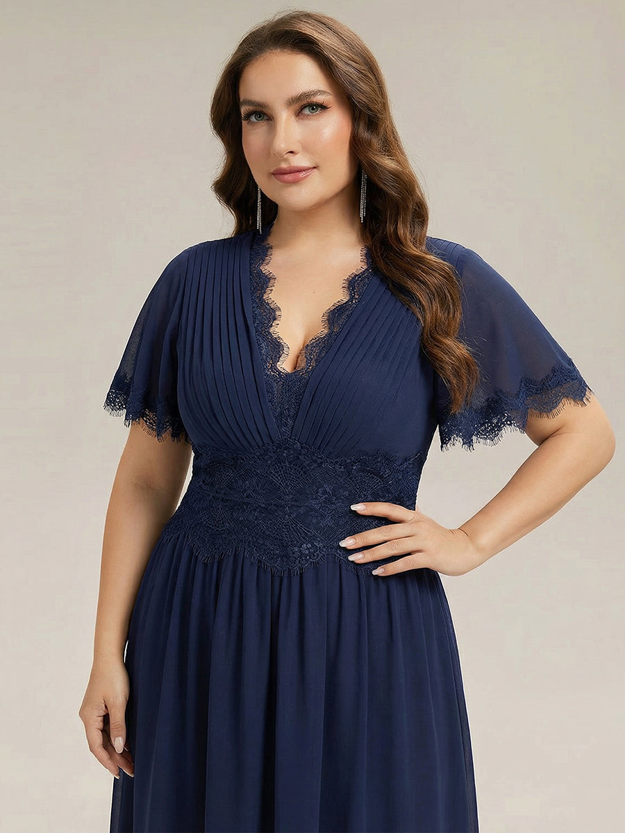 Color=Navy Blue | Bulk Order Short Sleeve Ruffle Pleated Deep V-Neck A-Line Midi Wedding Guest Dresses-Navy Blue 8