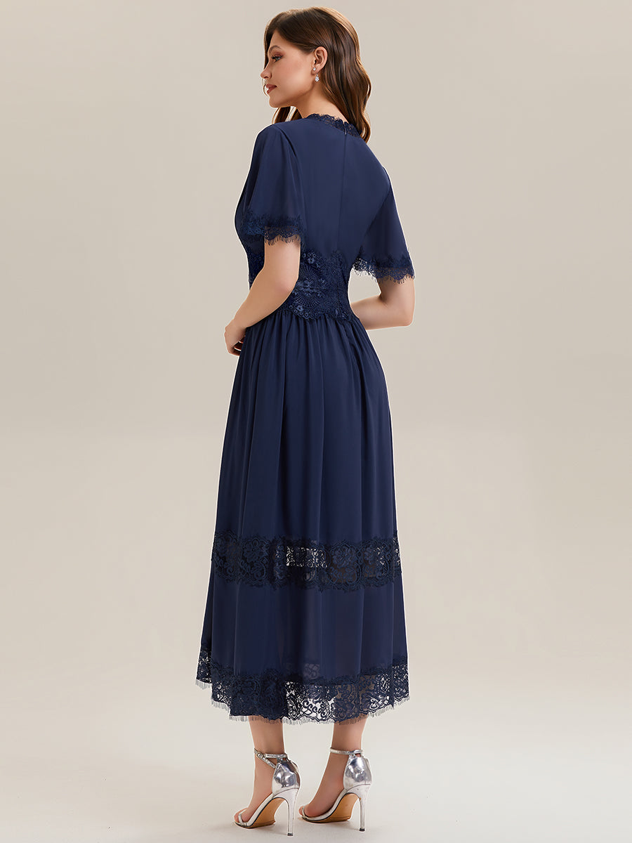 Color=Navy Blue | Bulk Order Short Sleeve Ruffle Pleated Deep V-Neck A-Line Midi Wedding Guest Dresses-Navy Blue 2