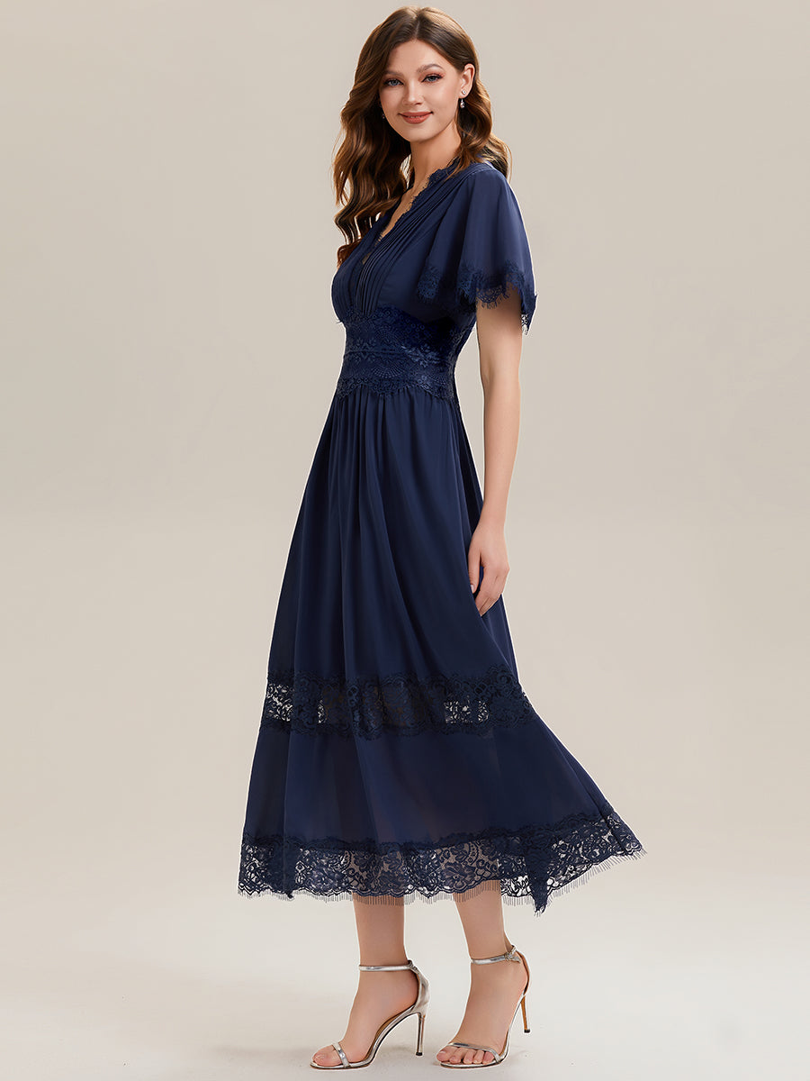 Color=Navy Blue | Bulk Order Short Sleeve Ruffle Pleated Deep V-Neck A-Line Midi Wedding Guest Dresses-Navy Blue 4