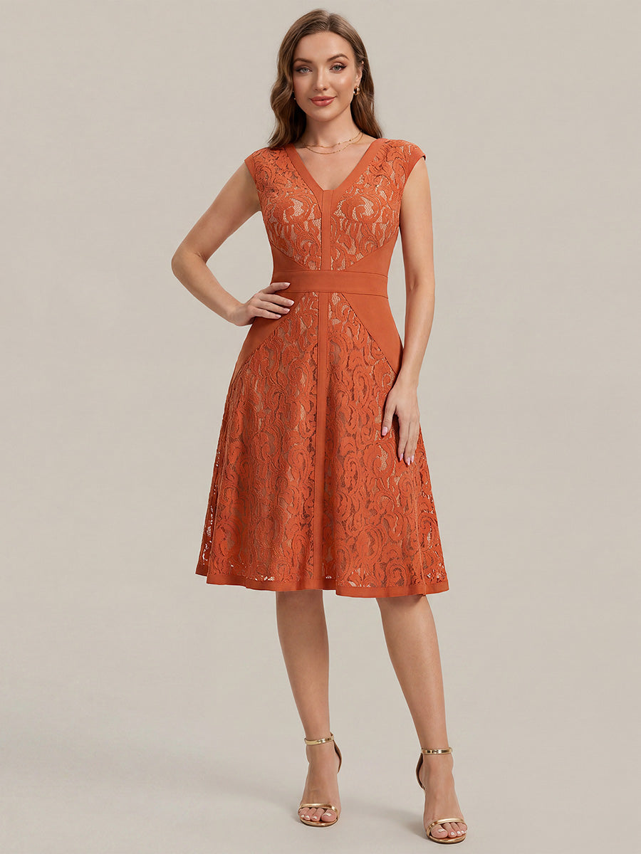 Color=Burnt Orange | Fast Delivery Strapless Deep V-Neck Contrast Color A-Line Midi Wedding Guest Dresses-Burnt Orange 1