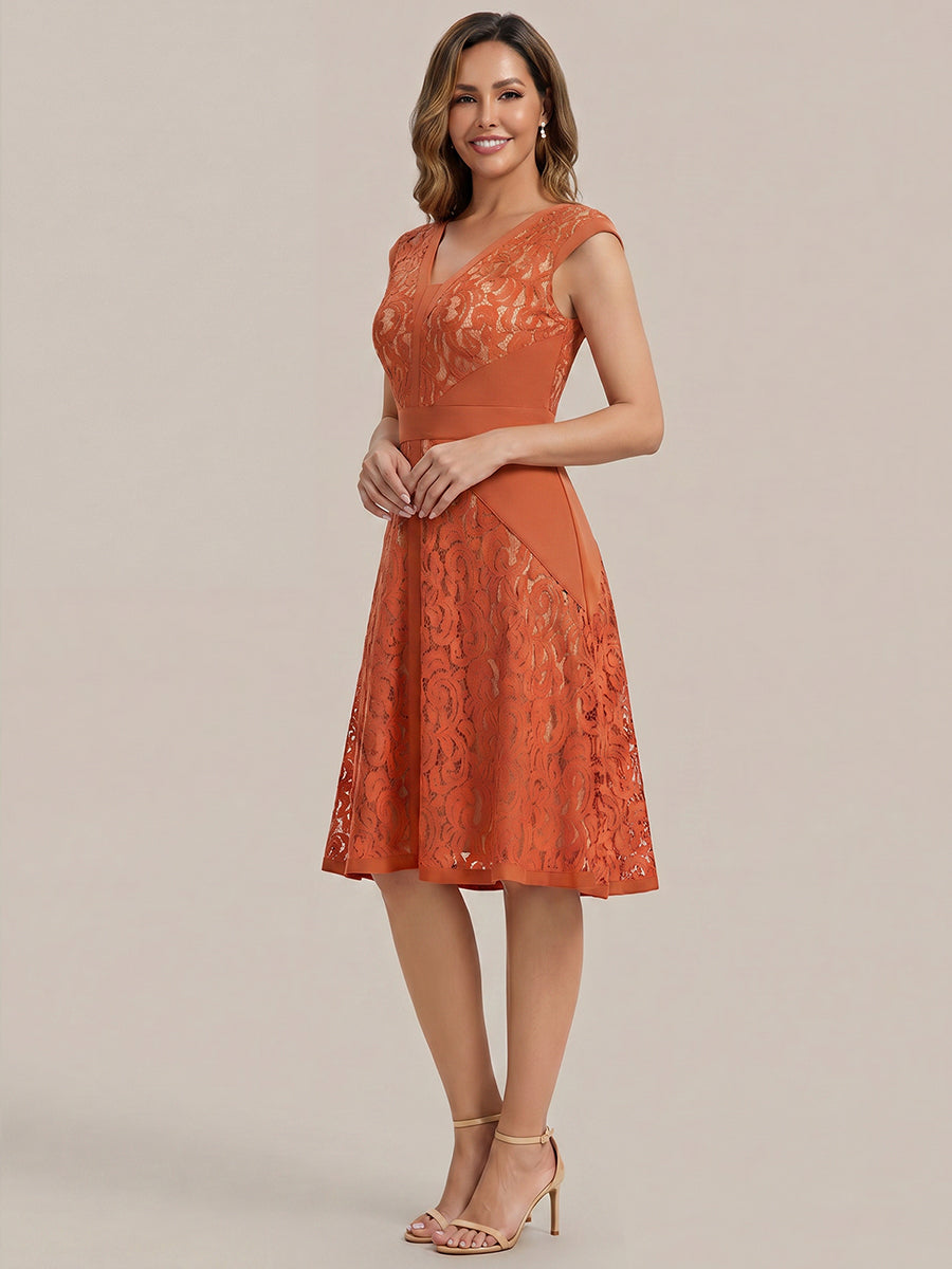 Color=Burnt Orange | Fast Delivery Strapless Deep V-Neck Contrast Color A-Line Midi Wedding Guest Dresses-Burnt Orange 8