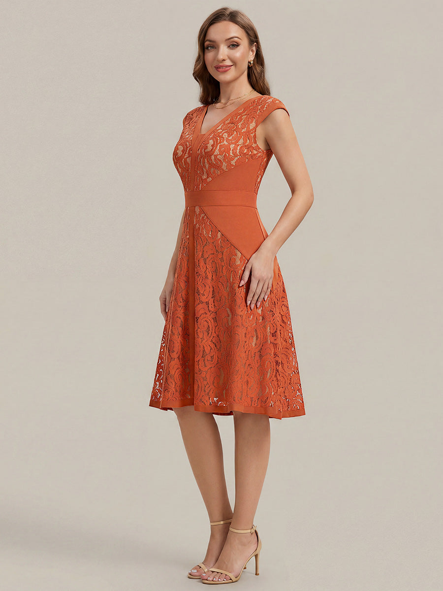 Color=Burnt Orange | Fast Delivery Strapless Deep V-Neck Contrast Color A-Line Midi Wedding Guest Dresses-Burnt Orange 3