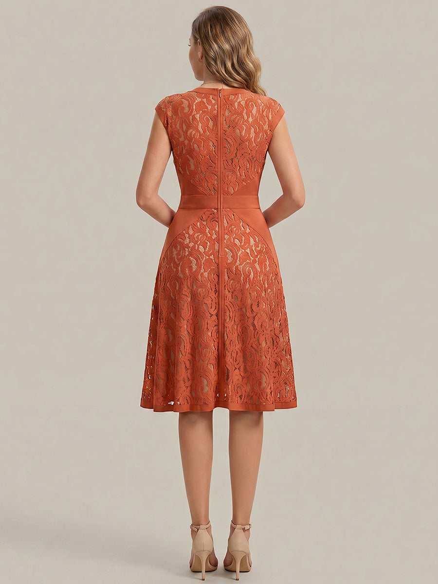 Color=Burnt Orange | Fast Delivery Strapless Deep V-Neck Contrast Color A-Line Midi Wedding Guest Dresses-Burnt Orange 7