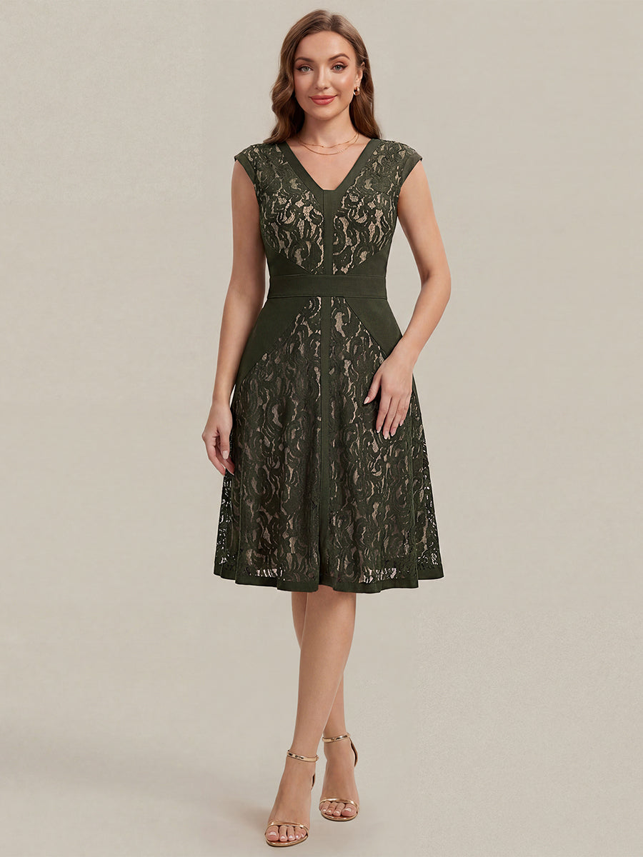 Color=Olive Green | Fast Delivery Strapless Deep V-Neck Contrast Color A-Line Midi Wedding Guest Dresses-Olive Green 1