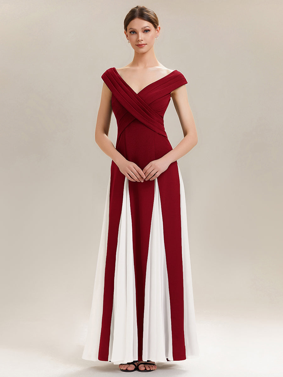 Color=Dark Red | Factory Design Short Sleeves V-Neck High Stretch A-Line Floor Length Wedding Guest Dresses-Dark Red 5
