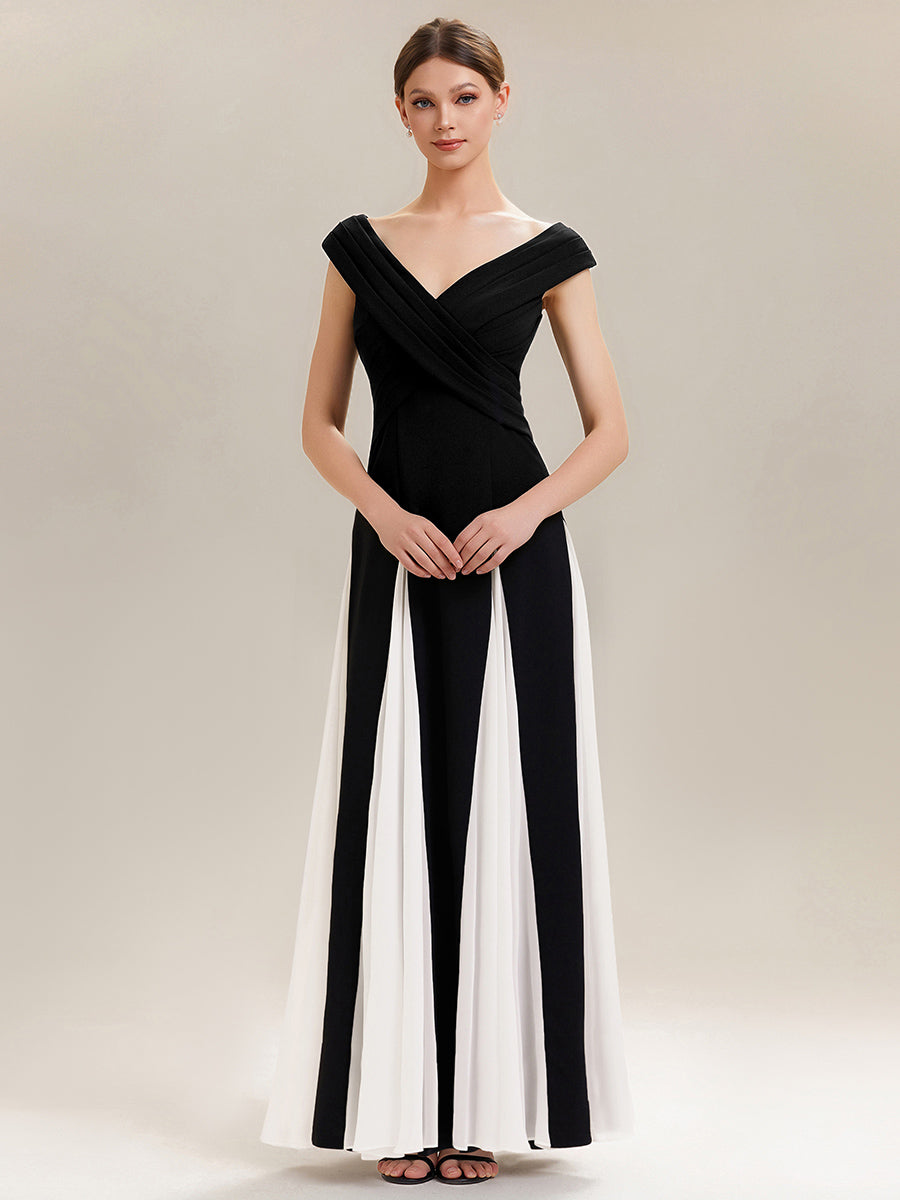 Color=Ivory-Black | Factory Design Short Sleeve V-Neck High Stretch A-Line Floor Length Wedding Guest Dresses-Ivory-Black 5