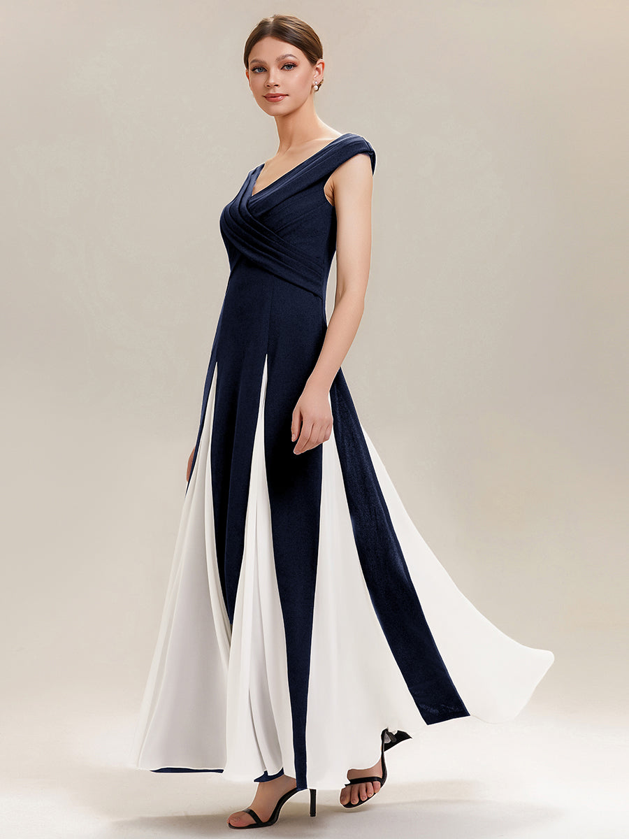 Factory Design Short Sleeve V-Neck High Stretch A-Line Floor Length Wedding Guest Dresses