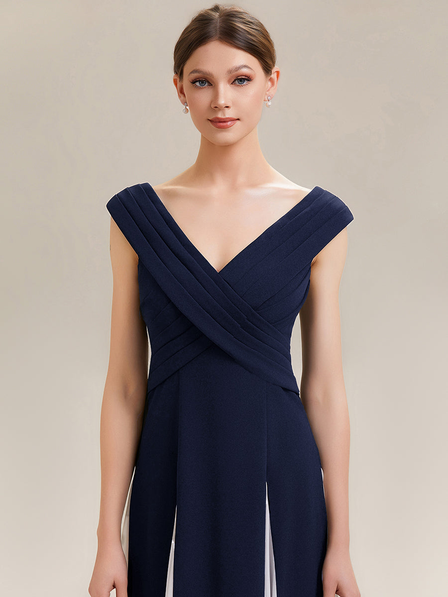 Factory Design Short Sleeve V-Neck High Stretch A-Line Floor Length Wedding Guest Dresses