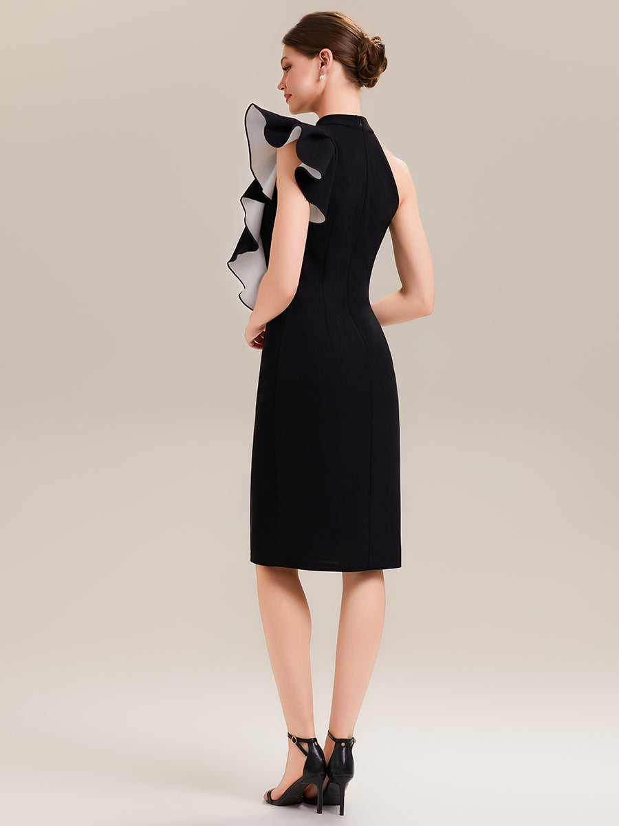 Color=Ivory-Black | Wholesale Strapless Ruffled High Stretch Sheath Round Neck Knee Length Wedding Guest Dresses-Ivory-Black 2