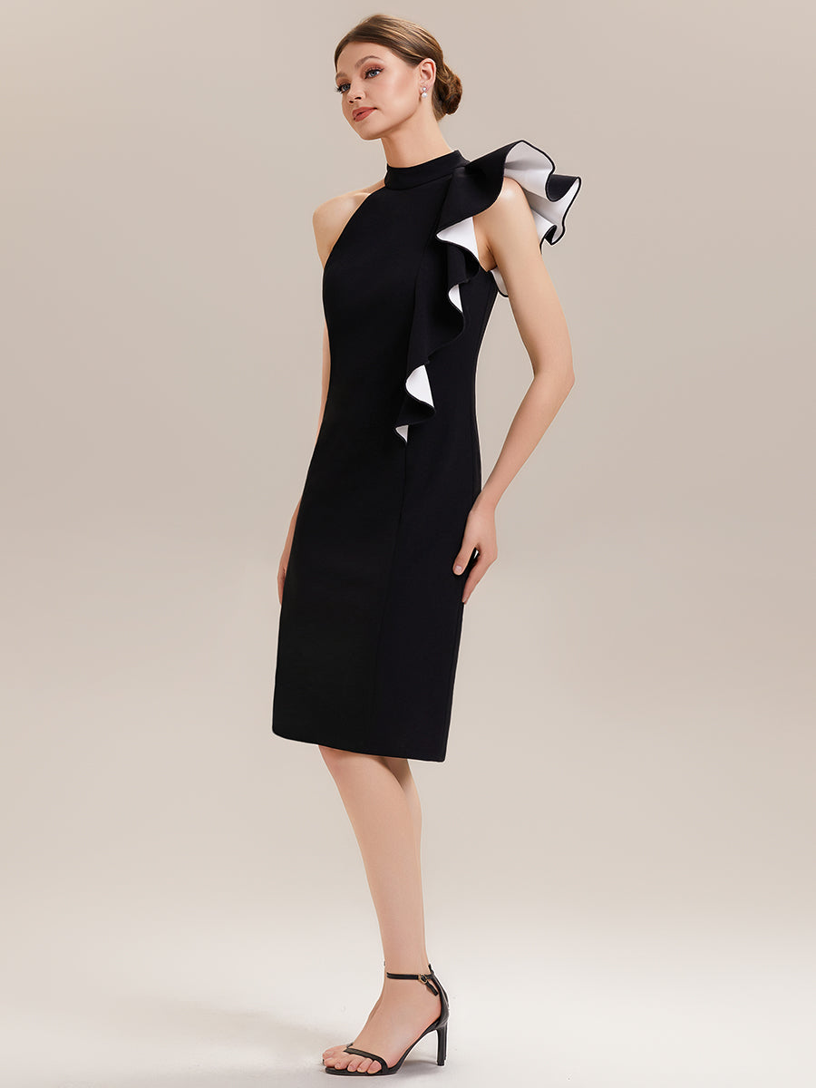 Color=Ivory-Black | Wholesale Strapless Ruffled High Stretch Sheath Round Neck Knee Length Wedding Guest Dresses-Ivory-Black 4