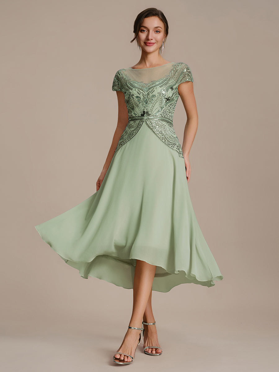 Color=Mint Green | One Stop Shop Short Sleeves High Stretch Sequin Boat Neck A-Line High-low Wedding Guest Dresses-Mint Green 1