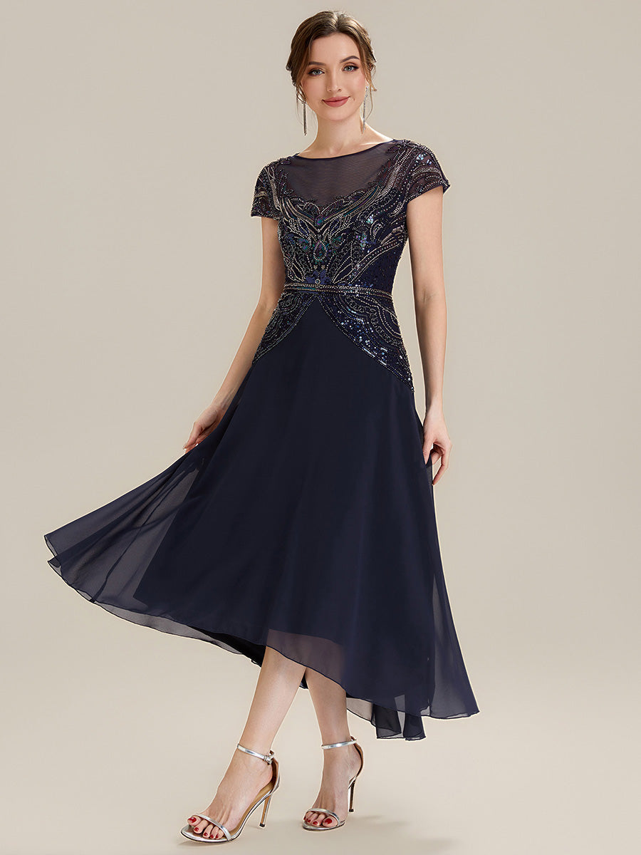 Color=Navy Blue | One Stop Shop Short Sleeves High Stretch Sequin Boat Neck A-Line High-low Wedding Guest Dresses-Navy Blue 1