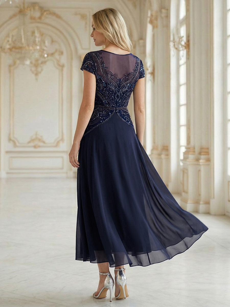 Color=Navy Blue | One Stop Shop Short Sleeves High Stretch Sequin Boat Neck A-Line High-low Wedding Guest Dresses-Navy Blue 9