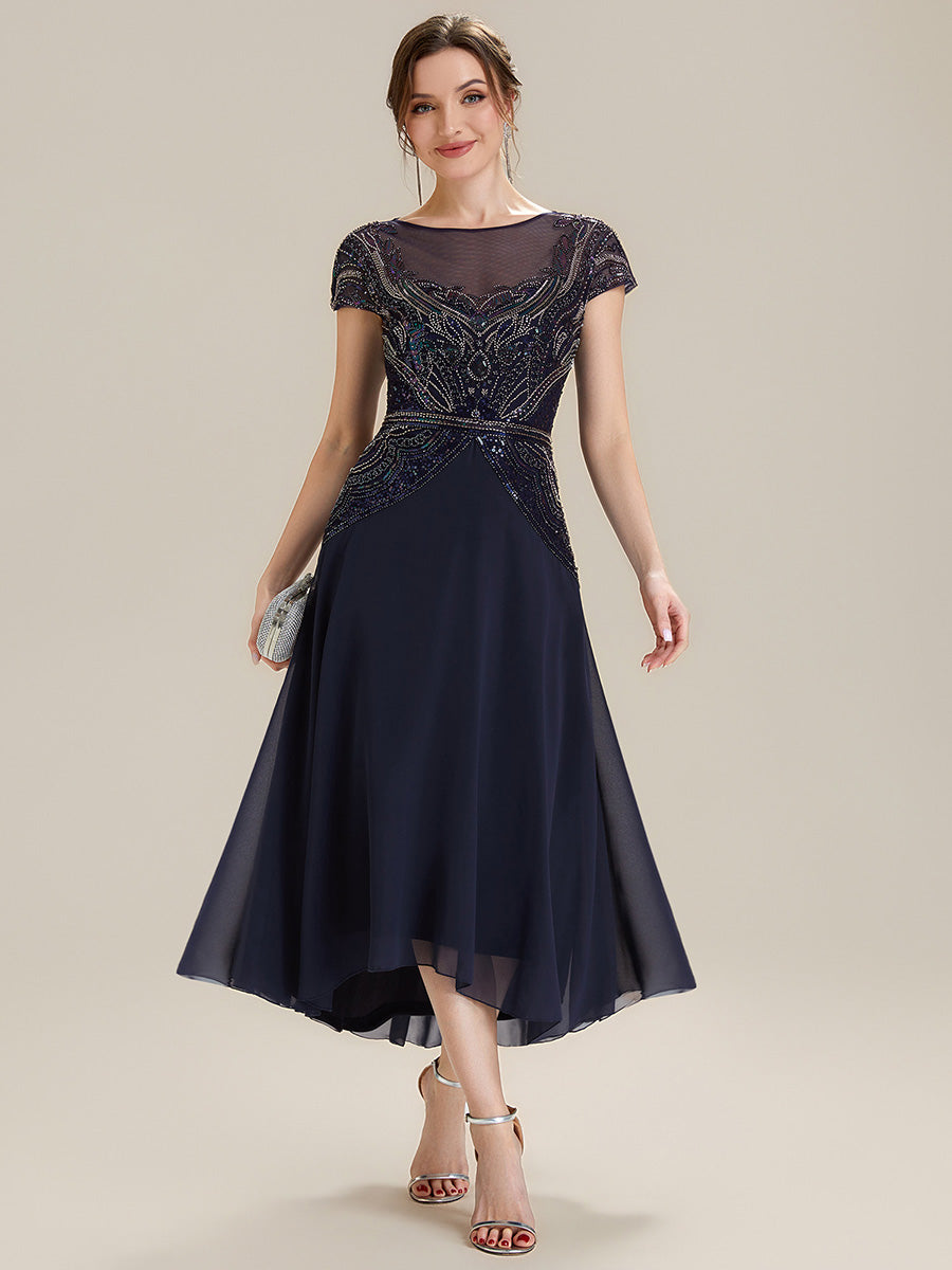 Color=Navy Blue | One Stop Shop Short Sleeves High Stretch Sequin Boat Neck A-Line High-low Wedding Guest Dresses-Navy Blue 4