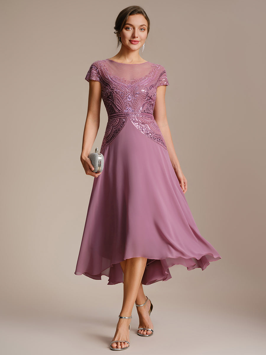 Color=Orchid | One Stop Shop Short Sleeves High Stretch Sequin Boat Neck A-Line High-low Wedding Guest Dresses-Orchid 1