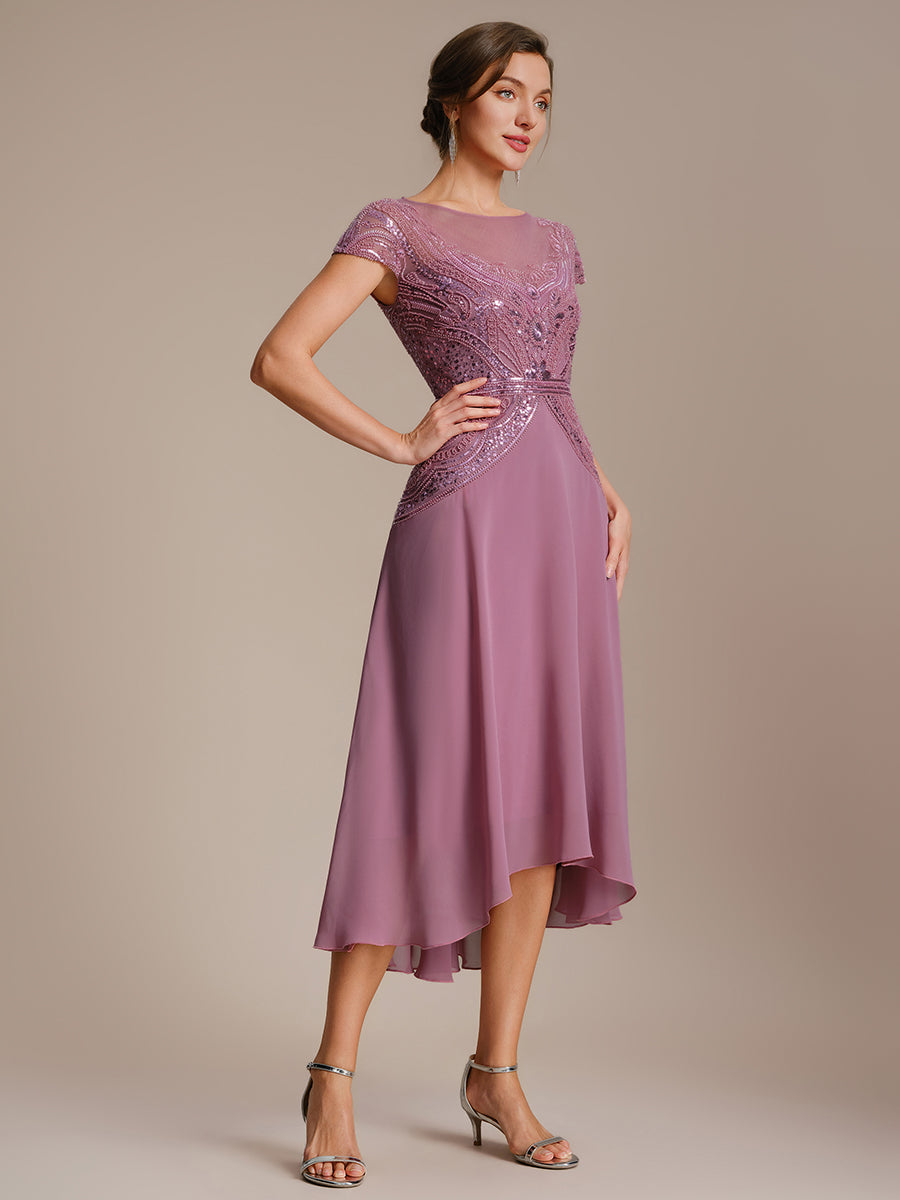 Color=Orchid | One Stop Shop Short Sleeves High Stretch Sequin Boat Neck A-Line High-low Wedding Guest Dresses-Orchid 3