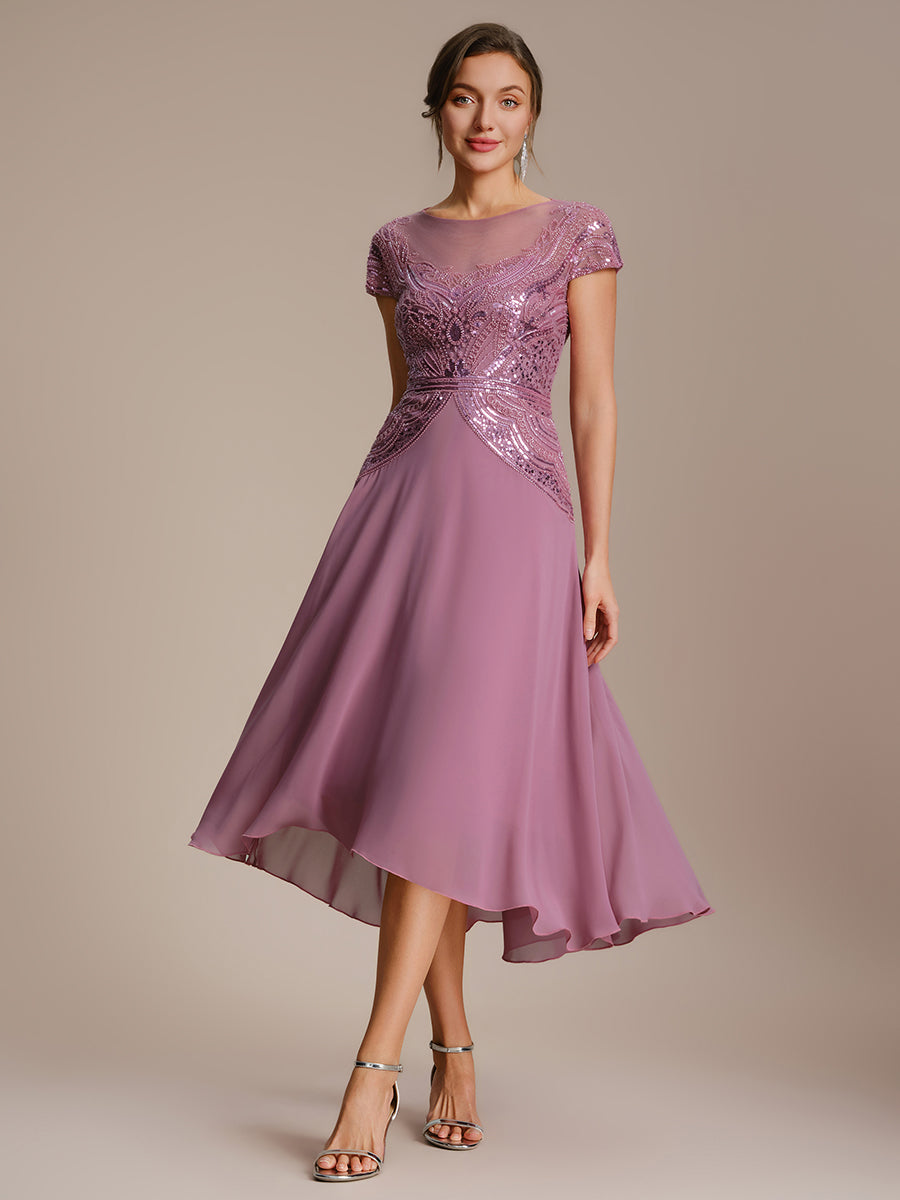 Color=Orchid | One Stop Shop Short Sleeves High Stretch Sequin Boat Neck A-Line High-low Wedding Guest Dresses-Orchid 4