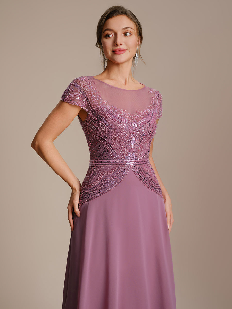 Color=Orchid | One Stop Shop Short Sleeves High Stretch Sequin Boat Neck A-Line High-low Wedding Guest Dresses-Orchid 5