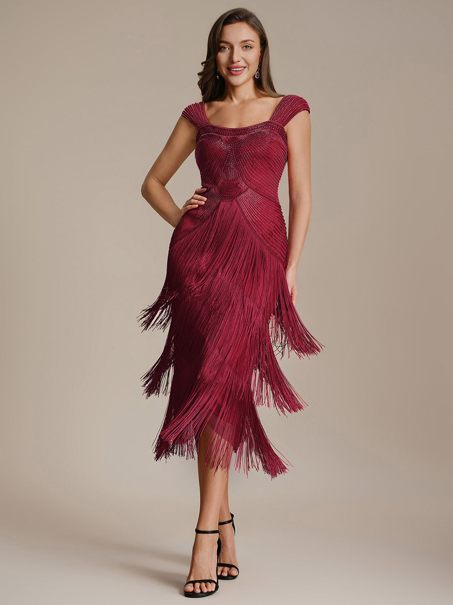 Color=Burgundy | Fast Delivery Sleeveless Square Neck Bodycon Tea Length Beaded Wedding Guest Dresses-Burgundy 1