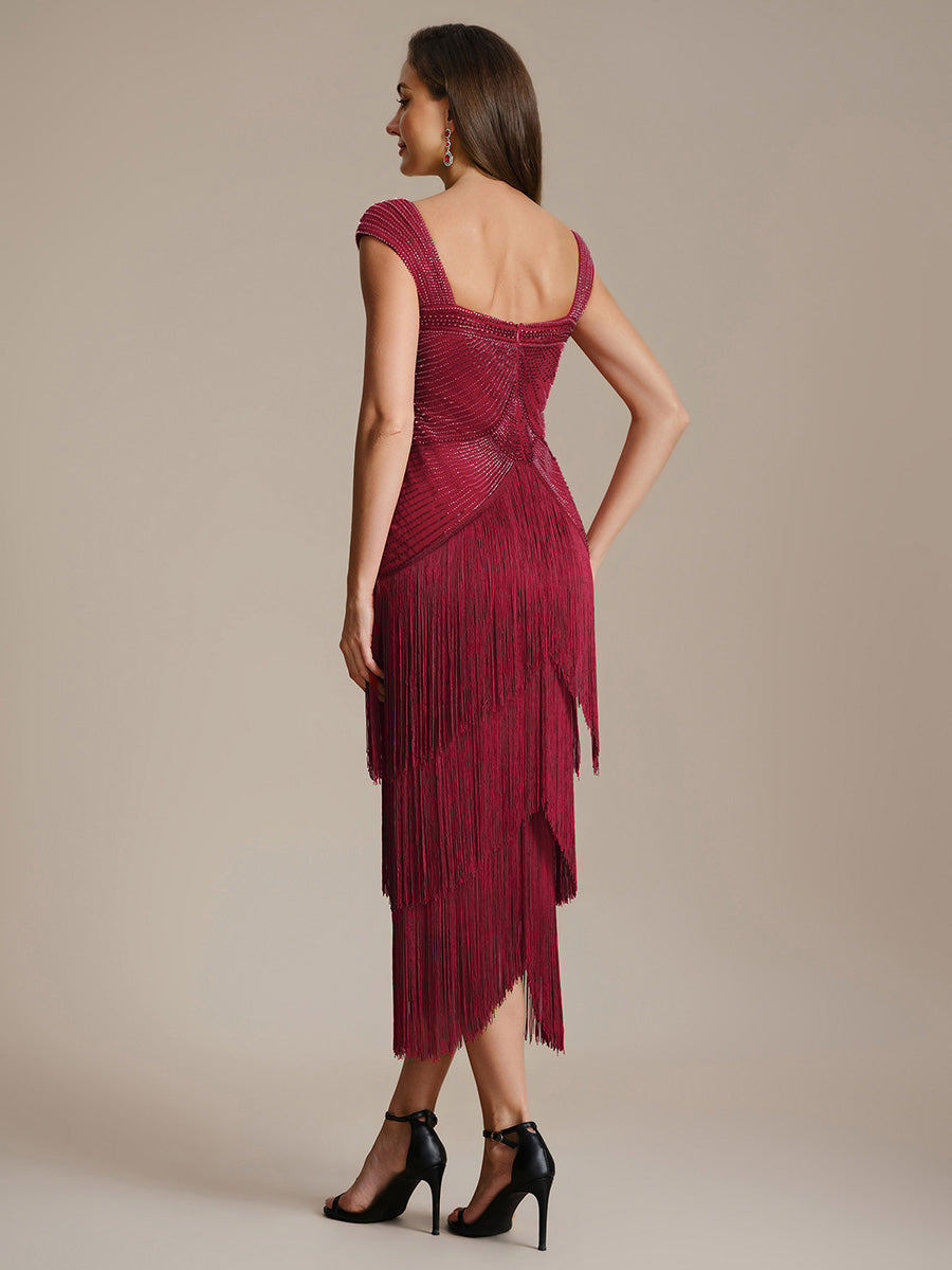 Color=Burgundy | Fast Delivery Sleeveless Square Neck Bodycon Tea Length Beaded Wedding Guest Dresses-Burgundy 2
