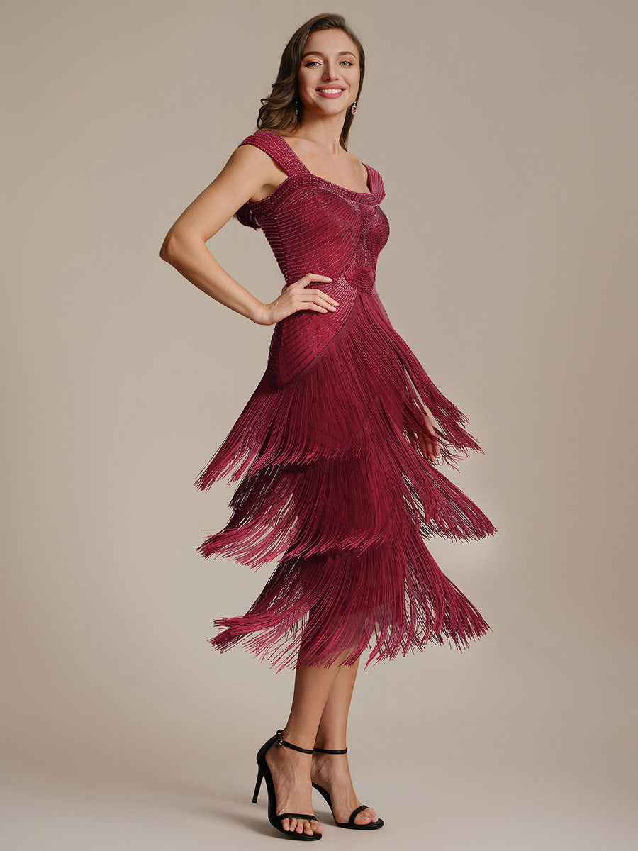 Color=Burgundy | Fast Delivery Sleeveless Square Neck Bodycon Tea Length Beaded Wedding Guest Dresses-Burgundy 4